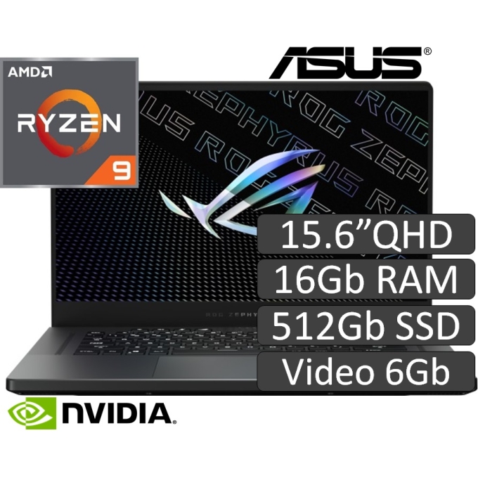 Laptop Asus ROG Zephyrus G15 GA503QM, Ryzen 9 5900HS 3.0 / 4.6 GHz, Memoria  16Gb RAM, Disco Solido 512Gb SSD, Pantalla 15.6' WQHD, Video NVIDIA 6Gb, W11 Home, Gamer, Teclado en ingles / ASUS