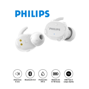 AUDIFONOS BLUETOOTH PHILIPS TRUE WIRELESS TAT3216WT BT 24H IPX5 USB-C BLANCO CON MICROFONO