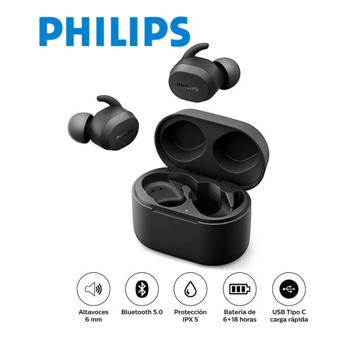 Audifonos PHILIPS TRUE WIRELESS TAT3216BK Inalambricos Bluetooth 24H IPX5 USB-C NEGRO CON MICROFONO / PHILIPS