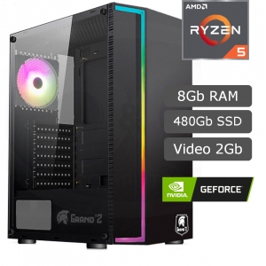 CPU Ensamblado AMD Ryzen5 5600G, 3.90/4.4GHz, 8Gb Memoria RAM DDR4, Disco Solido SSD 480Gb Kingston, Video 2Gb GEFORCE GT730, PC Gamer