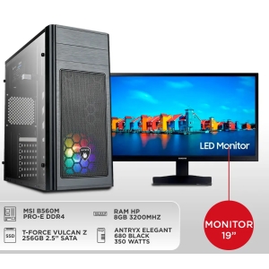 CPU : i5 104000 , Graficos UHD 630 , MEMORIA RAM 8GB 3000Mhz , Capacidad: 256GB SSD SATA 2.5?, MSI B560M PRO-E DDR4 , CASE C/FUENTE ANTRYX ELEGANT 680 BLACK 350w , Monitor: SAMSUNG / PLANO / HD / 65HZ