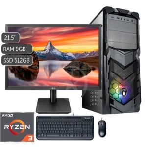 CPU Ensamblado AMD Ryzen3 3200G, Disco Solido SSD 512Gb, Memoria RAM 8Gb, Monitor 21.5 FHD, Wi-Fi Inalambrico, Teclado y Mouse, PC Gamer
