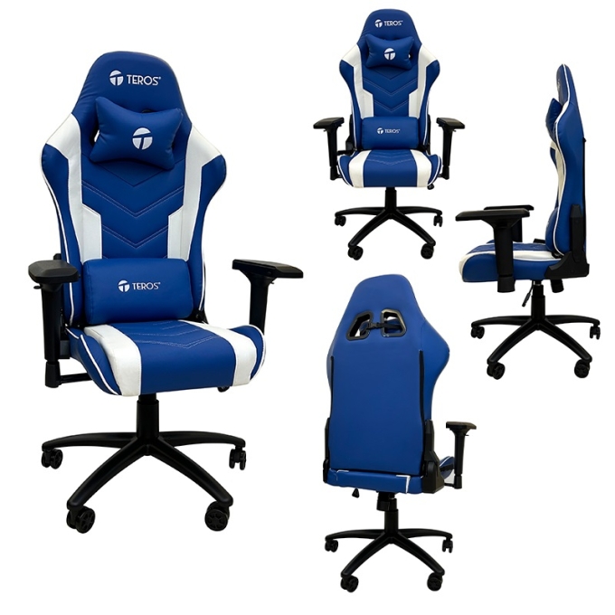 Silla gamer TEROS TE-8126B, azul y blanco / Teros