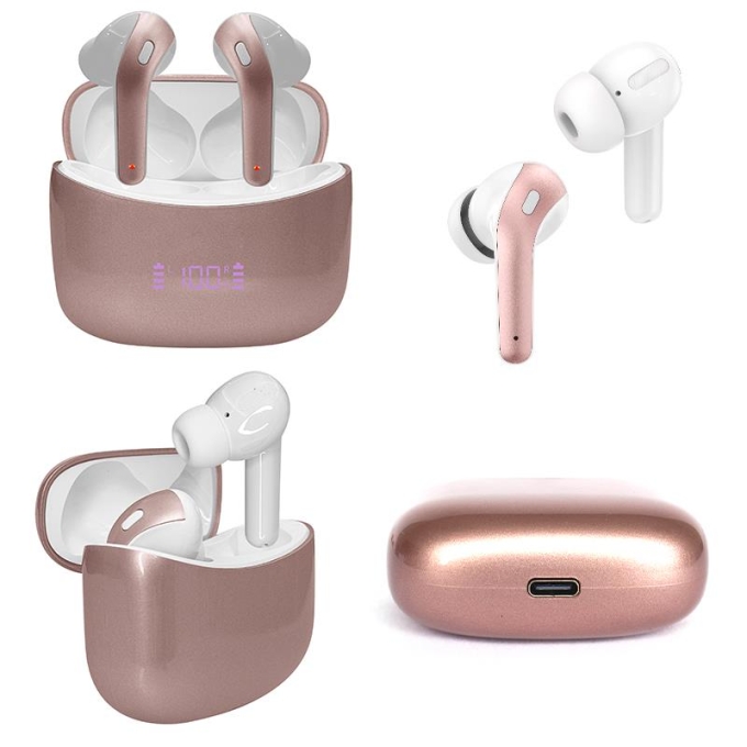 Audifonos TEROS TE-8074GR, Bluetooth, TWS, Rosa/Dorado / Teros