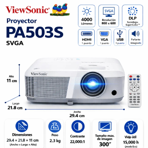 ViewSonic PA503S - Proyector DLP - 3D 4000 ANSI lumens-SVGA (800 x 600)-4:3-con 1 año de servicio de cambio urgente PA503S