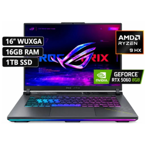 Laptop ASUS ROG Strix G16, AMD Ryzen 9 9955HX, Memoria RAM 16GB, Disco Solido 1TB SSD, Video RTX 5060 8GB, Pantalla 16 WUXGA 165Hz, Win11, gamer